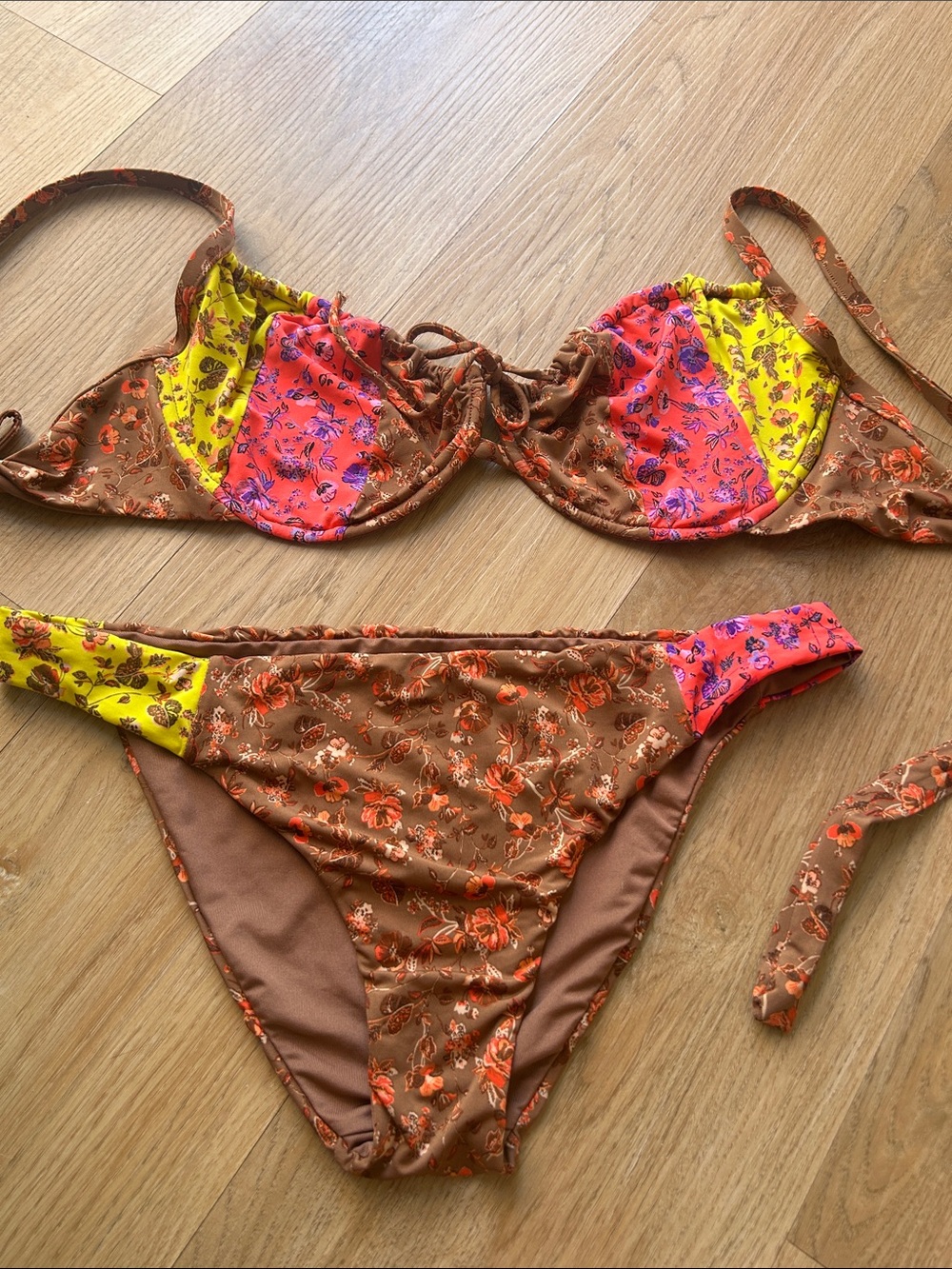 Calzedonia Floral Brown Balconette Underwire Bikini Set with Pink & Yellow